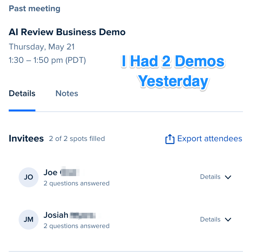 Two demos booked yesterday — AI Review Business Demo on Thursday May 21